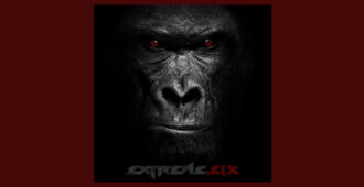 Rostro de gorila negro con ojos rojos en la portada del álbum estudio Six de la banda estadounidense Extreme del año 2023