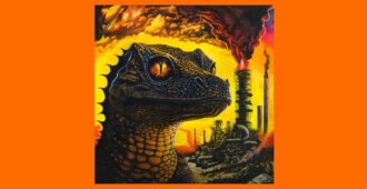 Dinosaurio en un lugar industrial en la portada del álbum de estudio PetroDragonic Apocalypse de la banda australiana de rock King Gizzard & The Lizard Wizard del año 2023
