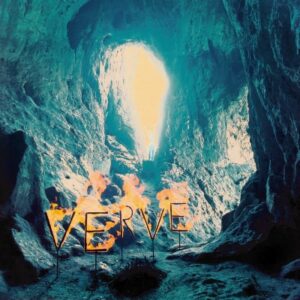 Cueva con las letras Verve en fuego en la portada del álbum estudio A Storm in Heaven de la banda inglesa The Verve del año 1993 