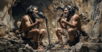 Imagen del programa de radio MEN-SO con dos cavernícolas hablando en unos micrófonos