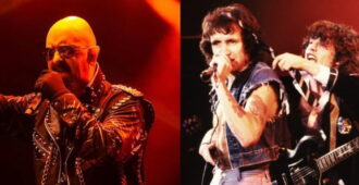 La banda musical inglesa Judas Priest y la banda musical australiana AC/DC tocando en vivo